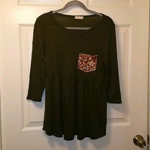 Twenty Second Olive Green Babydoll Top w/Sequin Pocket